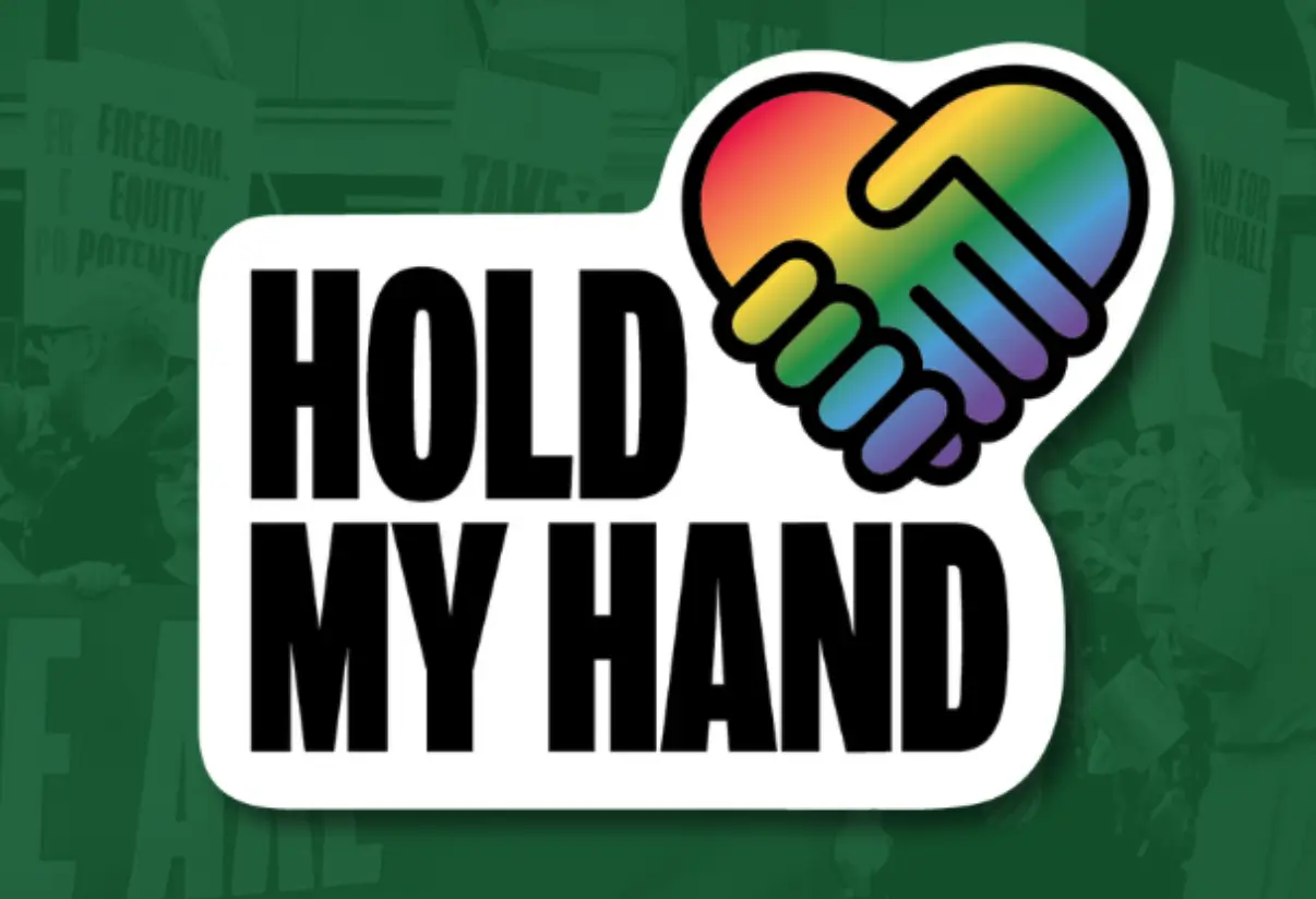 A rainbow heart and handshake on a green background.