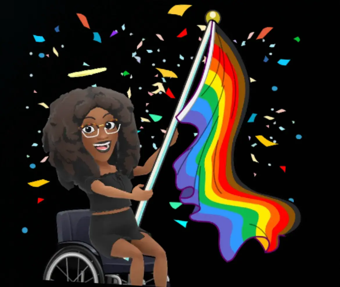 cartoon of a person in a wheelchair holding a rainbow flag